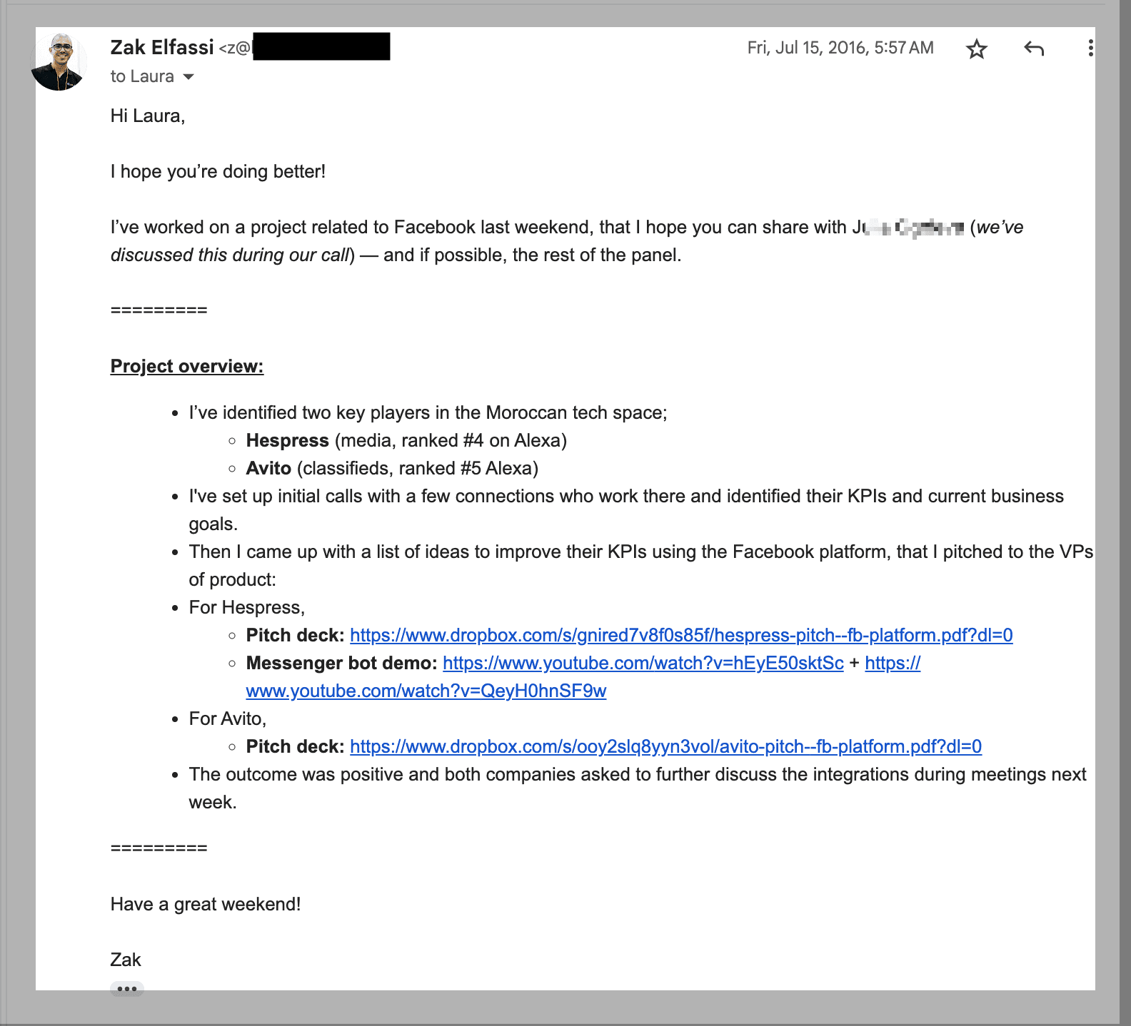 Facebook Messenger bot demo screenshot from 2016